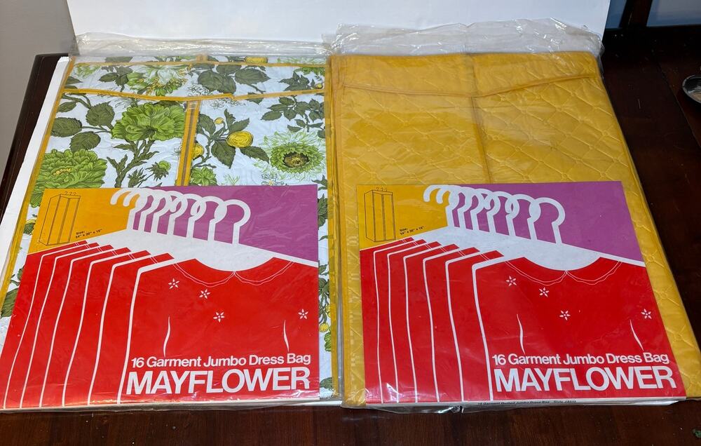 Vintage Set 2 Closet Garment Bags Dress Coat Gown Gold & Floral Quilted NOS USA
